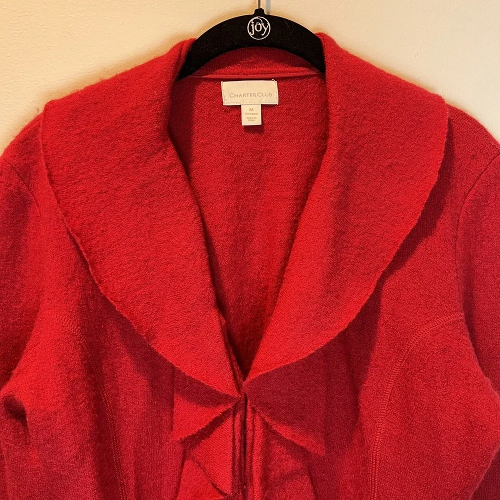 Charter Club 100% Wool Ruffle V-Neck Red Cardigan Sweater Career Holiday Medium - Picture 2 of 9